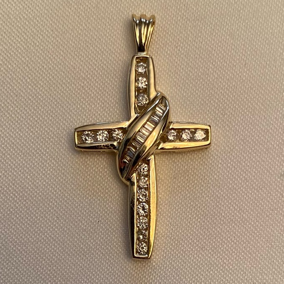 Jewelry - .58 ct. Natural Diamond 14K Yellow Gold Designer Diamond Cross Pendant Charm